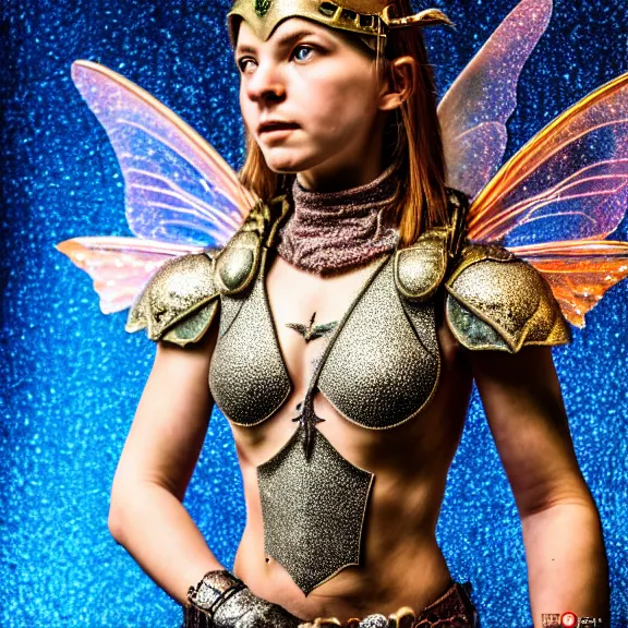 Prompt: full length photo of a fairy warrior wearing sparkly armour, highly detailed, 4 k, hdr, smooth, sharp focus, high resolution, award - winning photo