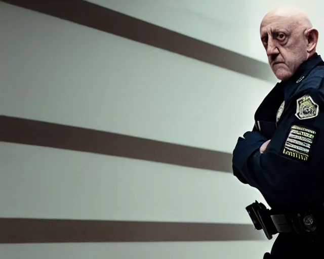 Image similar to mike ehrmantraut as a police officer, cinematic lighting, atmospheric portrait cinematography