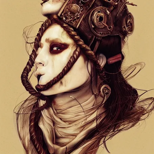 Image similar to portrait of a Shibari rope wrapped face and neck, headshot, insanely nice professional hair style, dramatic hair color, digital painting, of a old 15th century, old cyborg merchant, amber jewels, baroque, ornate clothing, scifi, realistic, hyperdetailed, chiaroscuro, concept art, art by Franz Hals and Jon Foster and Ayami Kojima and Amano and Karol Bak,