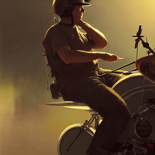 Prompt: A closeup of Neil Peart playing drums on a motorcycle, by Greg Rutkowski, Raphael Lacoste, cgstation, 8k