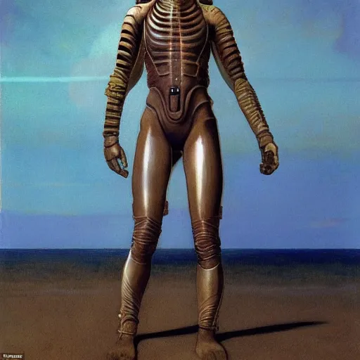 Image similar to masterpiece full body portrait of Ripley with a perfect body, translucent plastic suit, on Dune, by Edgar Maxence and Ross Tran and Michael Whelan and Gustav Klimpt