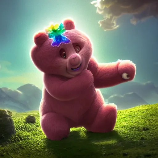 Prompt: hyperrealistic dslr film still of a care bear with pot leaf emblem on chest, stunning 8 k octane comprehensive 3 d render, inspired by istvan sandorfi & greg rutkowski & unreal engine, perfect symmetry, dim volumetric cinematic lighting, extremely hyper - detailed, extremely lifelike attributes & texture, intricate, masterpiece, artstation, stunning