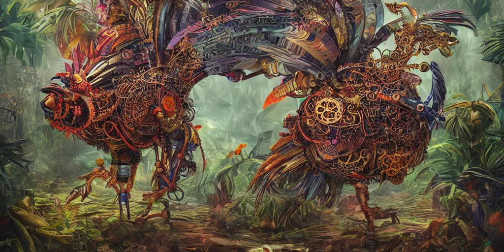 Prompt: colorful illustration of a fully armored mechanical rooster in a dense jungle, steampunk, mix of styles, style combination, hyper detailed, intricate, ominous