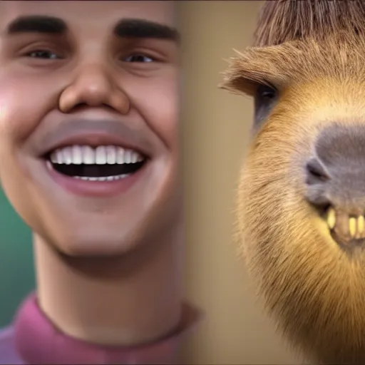 Image similar to hyperrealistic dslr film still of justin bieber smile with giant teeth of a capybara, stunning 8 k octane comprehensive 3 d render, inspired by istvan sandorfi & greg rutkowski & unreal engine, perfect facial symmetry, dim volumetric cinematic lighting, extremely hyper - detailed, incredibly real lifelike attributes & flesh texture, intricate, masterpiece, artstation, stunning