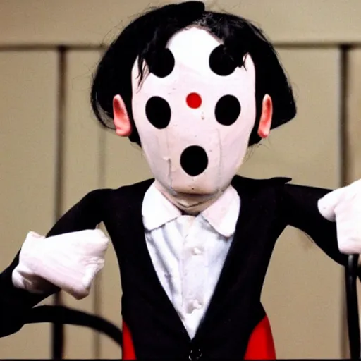 Image similar to mr bean dressed as the jigsaw puppet from saw riding around on a little tricicle