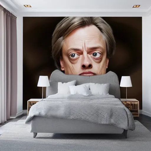 Image similar to a cozy bedroom interior with wall murals of steve buscemi, detailed, high resolution, wow!, intricate, volumetric lighting, raytracing