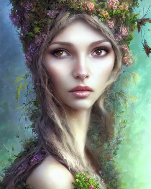 Image similar to dryad, perfect face, accompanied by a cute feathered mouse cinematic, stunning, highly detailed, digital painting, artstation, smooth, hard focus, illustration, art by jessica rossier and brian froud