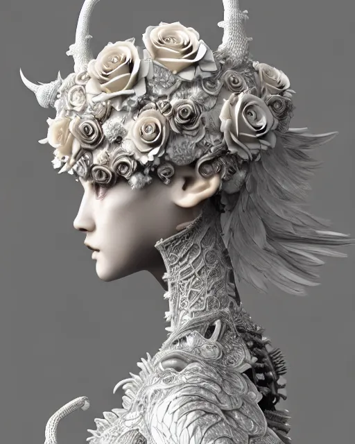 Image similar to bw dreamy close - up profile face, beautiful young porcelain intricate steampunk bio - mechanical vegetal - dragon - cyborg - female, white roses ornate metallic armour, white fluffy feathers, fine mandelbrot fractal lace, 1 5 0 mm, soft rim light, elegant, hyper real, ultra detailed, octane render, hg giger, 1 6 k