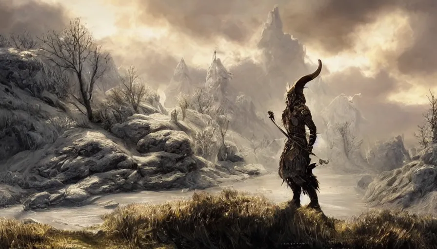 Image similar to Níðhöggr in a nordic landscape under bright daylight with fluffy clouds, set in the world of Guildwars2, painted by Hans Fredrik Gude, Greg Rutkowksi and Artgerm, concept art 2022, ultra realistic masterpiece, contrasting details vs blank areas, oil on canvas