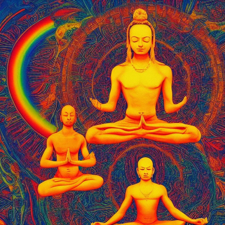 Prompt: human meditating supreme peace immense knowledge infinite color dmt art red yellow orange fear impending doom