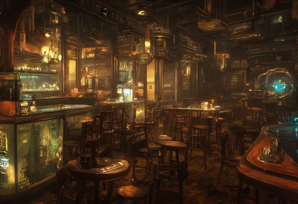 Image similar to In the world of rapture from the world of bioshock you are in a bar, there is a window that lets you see the whole city underwater and you are drinking a rum and coke, there are makes on the tables