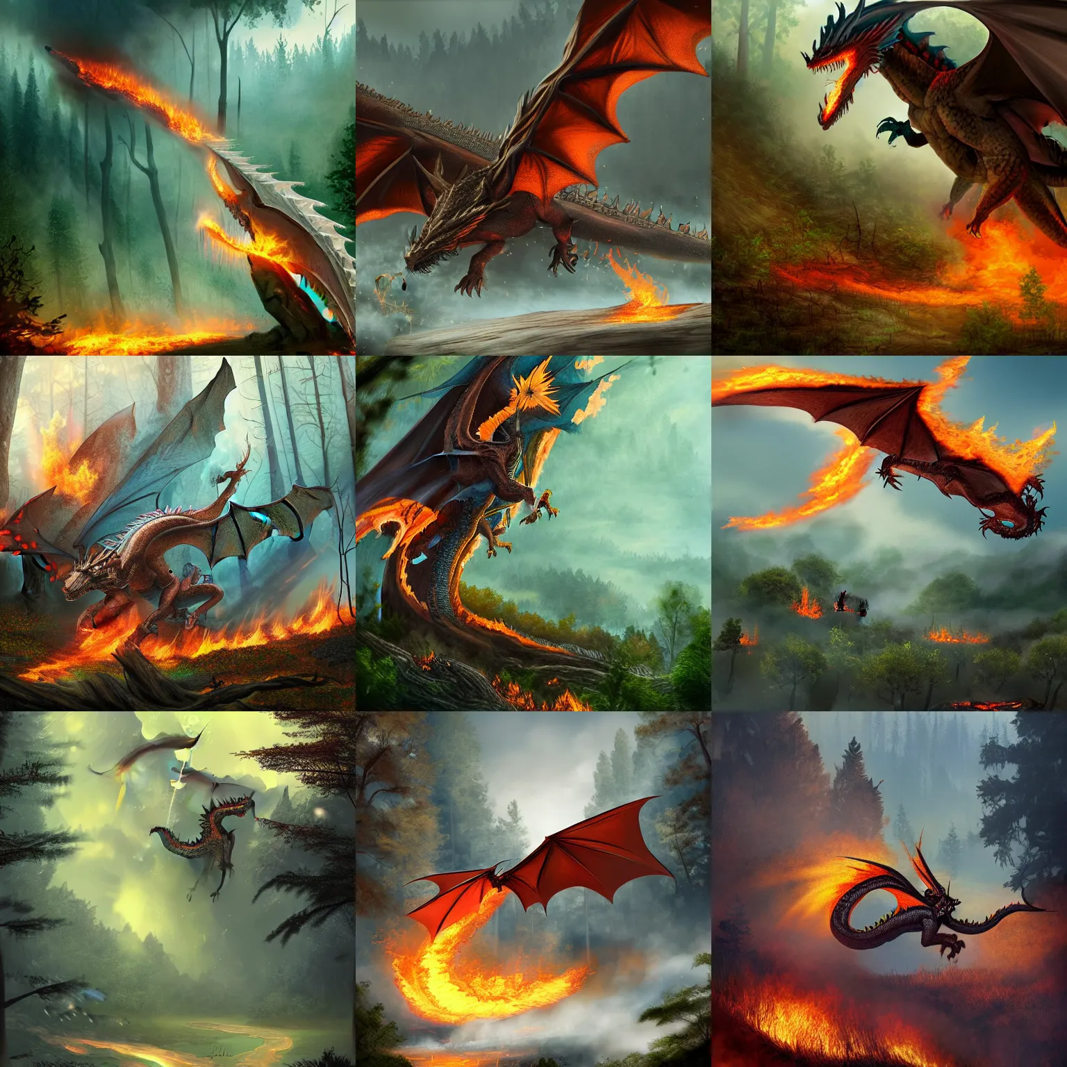 Prompt: A fire-breathing dragon flying above a forest and burning the trees, professional digital art with lots of fine detail, trending on artstation