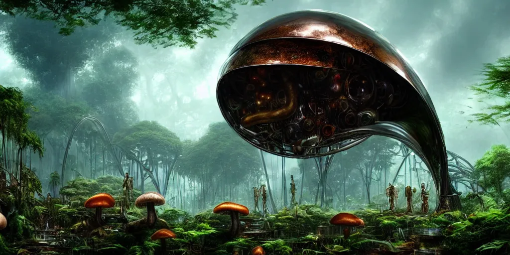 Image similar to a very colossal shining chrome metal arch is surrounded by jungles and mushrooms, retro - futuristic, science - fantasy, rusted, fungal, salt, lgbt, queer, rpg, epic, dungeons & dragons, sacred, sharp focus, award - winning, extremely detailed, 4 k, 8 k