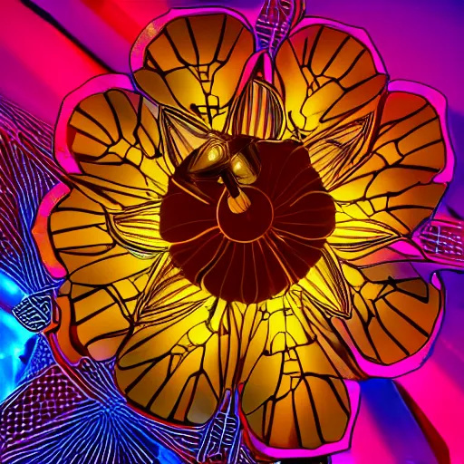 Image similar to mechanical, geometric, cybertronic hibiscus flower, glowing