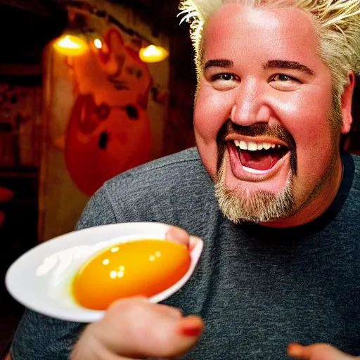 Image similar to closeup portrait of guy fieri excited about an egg, photograph, natural light, sharp, detailed face, magazine, press, photo, Steve McCurry, David Lazar, Canon, Nikon, focus