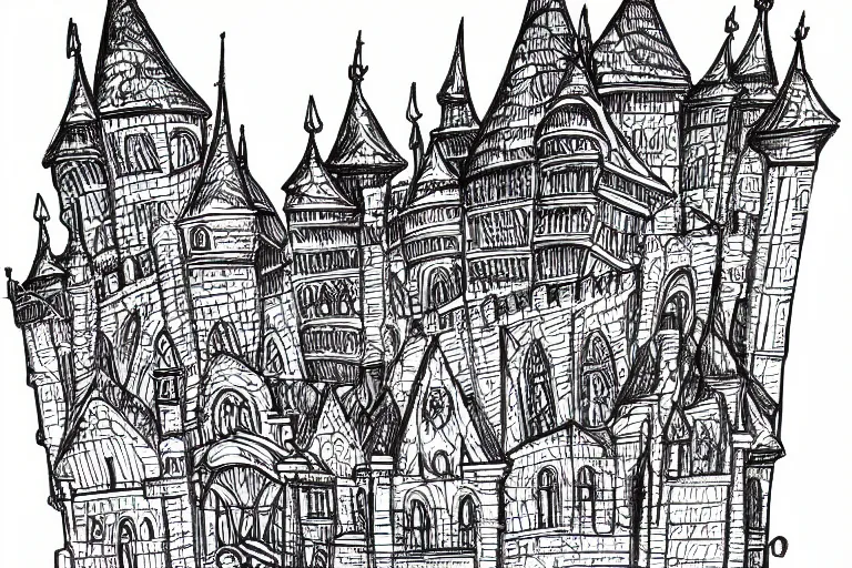 Prompt: single line sketch of elaborate intricate castle, scribble sketch, small details,