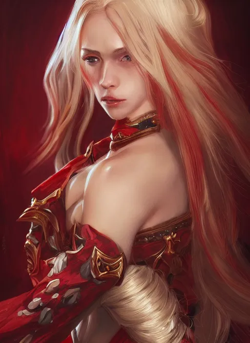 Image similar to a highly detailed illustration of beautiful long dirty blonde haired pale girl wearing red epaulette uniform, red eyes, dramatic seductive pose, intricate, elegant, highly detailed, centered, digital painting, artstation, concept art, smooth, sharp focus, league of legends concept art, WLOP