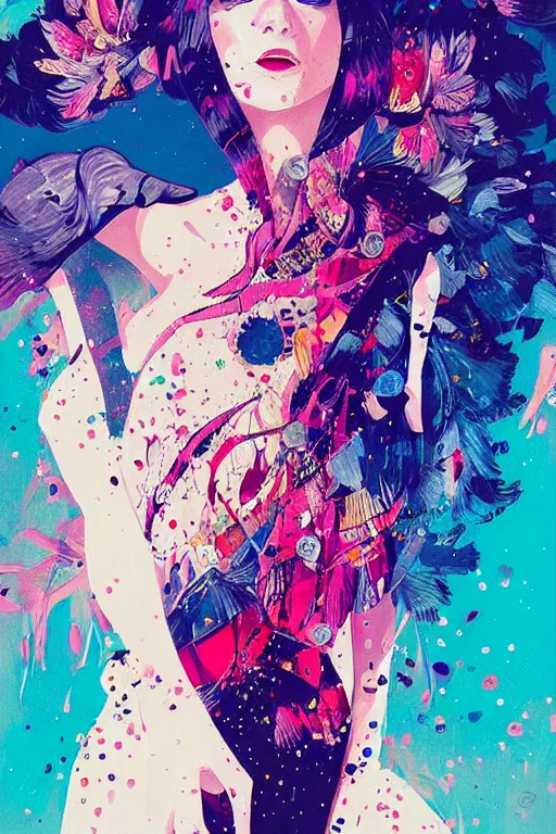 Image similar to an ultra detailed beautiful painting of a stylish woman with colorful haute couture dress, concert poster, futuristic, conrad roset, greg rutkowski