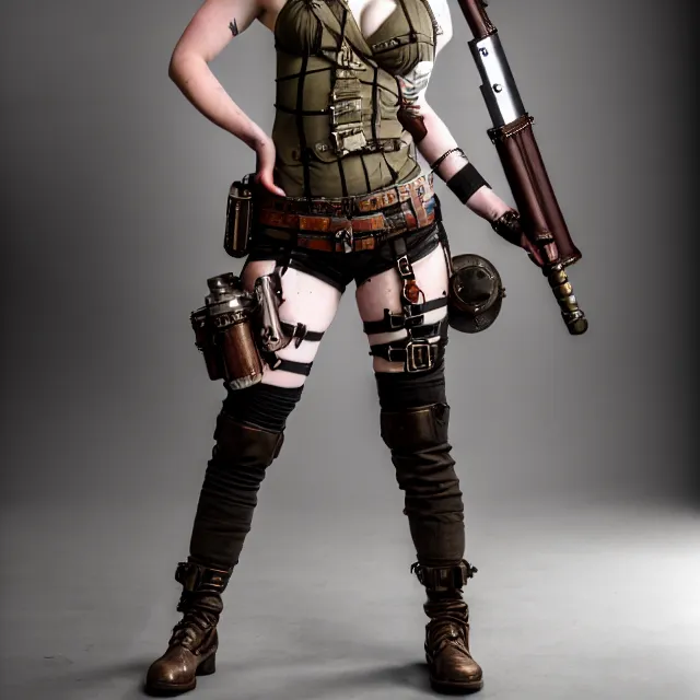 Image similar to full length photo of a very beautiful female dieselpunk warrior, 8 k, hdr, smooth, sharp focus, high resolution, award - winning photo