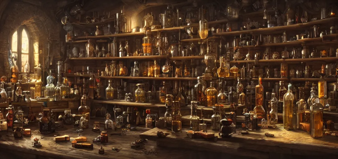 Image similar to An intricate scene with a lot of magic bottles and mechanisms of an alchemist, other bookshelves with bottles and alchemy stuff in the background::fantasy, detailed concept art, artstation, high details::8K, 4K, sharp focus, octane render