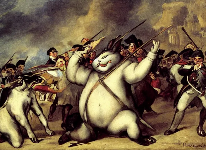 Image similar to romanticism painting of big chungus bugs bunny during the french revolution, by eugene delacroix