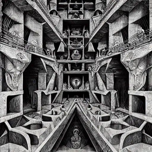 Prompt: mehmet paterns, hr giger, mc escher style djinns