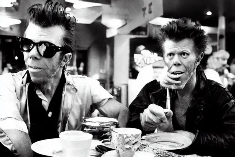 Image similar to tom waits having breakfast at a diner with david bowie, two shot angle, black and white