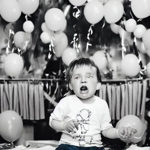 Image similar to Donald Trump as a toddler at a birthday party having a tantrum, 35mm film