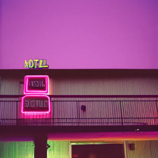 Prompt: A still of the exterior of a seedy motel, lit up in neon pink and purple; the camera is positioned low to the ground, making the building look taller and more imposing. Fujifilm Natura 1600.