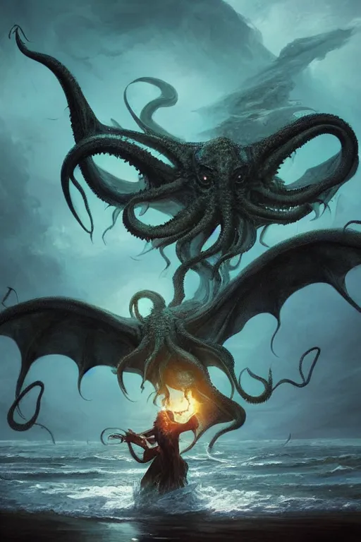 Image similar to cthulhu rising from the ocean with wings spread, digital art, magic the gathering, mtg, by greg rutkowski, trending on artstation