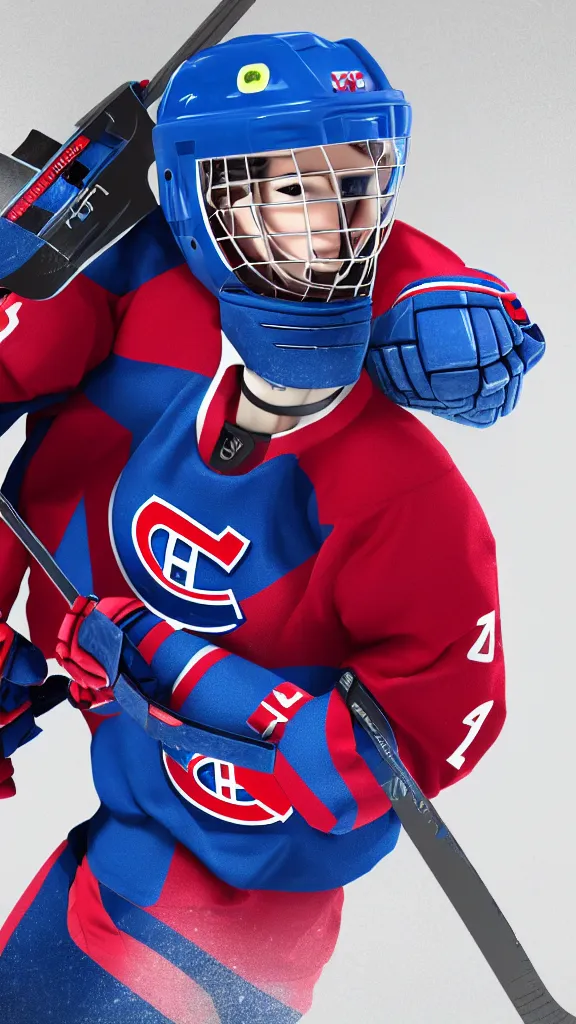 Prompt: habs, female ice hockey player, high-tek helmet, futuristic, unreal engine, lasers, 8k, artstation