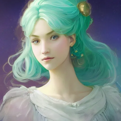 Image similar to Portrait of magical girl, dreamy and ethereal, mint green eyes, peaceful expression, ornate frilly dress, fantasy, intricate, elegant, beautiful, digital art, dynamic lighting, golden ratio, highly detailed, digital painting, trending on artstation, concept art, smooth, sharp focus, illustration, photo realistic, art by artgerm and greg rutkowski and alphonse mucha, 4K