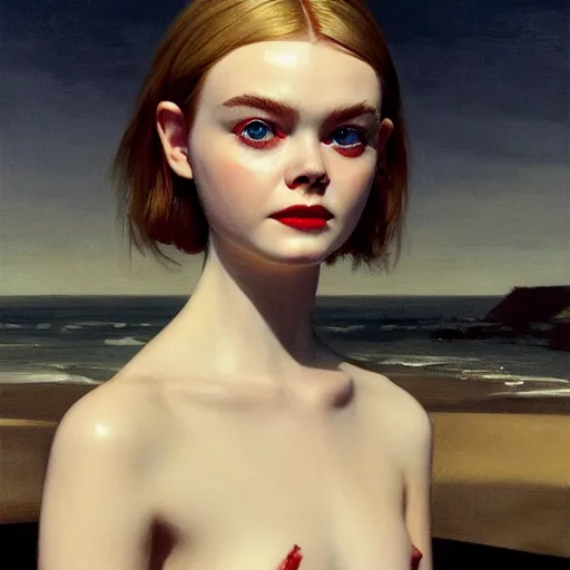 Prompt: Elle Fanning in a black robe holding a skull on the beach, head and shoulders portrait, stormy weather, extremely detailed masterpiece, Roger Deakin’s cinematography, oil on canvas, Edward Hopper,