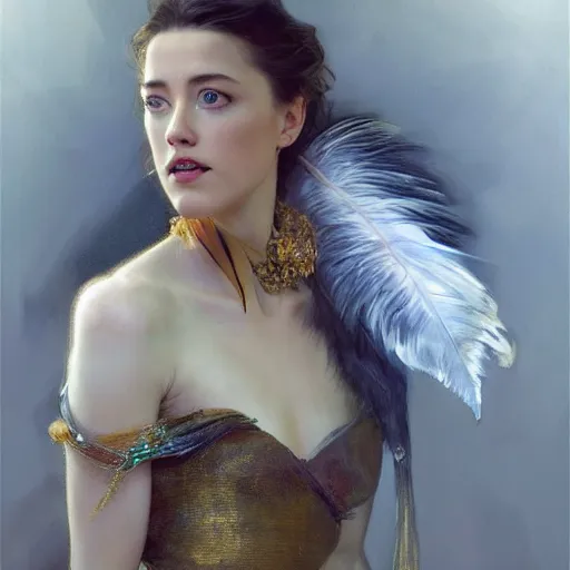 Image similar to hyperrealistic portrait of a woman as amber heard touching neck noir white swan dress wearing sapphire jewellery with long feather collar by jeremy mann and alphonse mucha, fantasy art, photo realistic, dynamic lighting, artstation, poster, volumetric lighting, very detailed faces, 4 k, award winning
