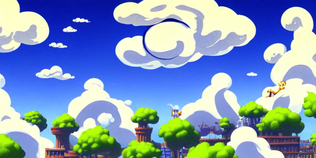 Prompt: cartoon concept art, clean blue sky, spiral cumulus clouds, from sam and max