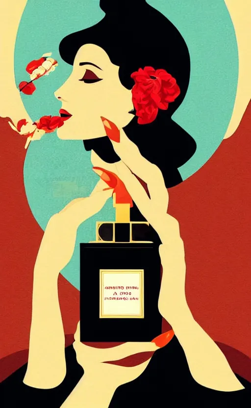 Image similar to illustration, close - up photo with beautiful bottle of perfume near nose, sniffing the aroma, an art deco painting by tom whalen, digital illustration, storybook illustration, grainy texture, flat shading, vector art, airbrush, pastel, watercolor, poster