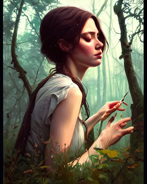 Image similar to stylized portrait of an artistic pose, composition, old forest witch surrounded by nature, realistic shaded, fine details, realistic shaded lighting poster by ilya kuvshinov, magali villeneuve, artgerm, jeremy lipkin and michael garmash and rob rey