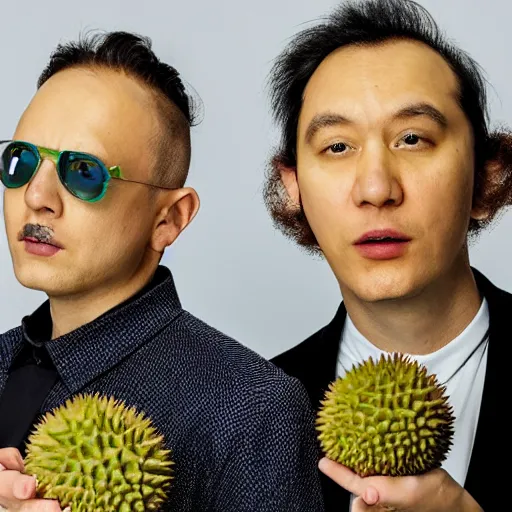 Image similar to two durian as a synth pop music band