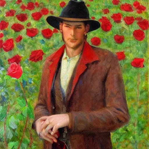 Image similar to A tall man with blue eyes and brown hair stands in the middle of a field of red roses and holds a red rose in his hand. He is wearing a leather wide brim hat and a leather vest, impressionist painting