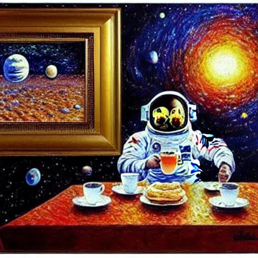 Image similar to impressionism painting American Breakfast in space drawn by Alan Bean