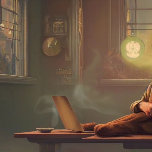 Image similar to chill gnome - like man, long brown beard, oversized brown mustache, macbook on his lap, wispy smoke, whimsical, art nouveau, photorealistic, octane render, unreal engine, mucha, magritte, artgerm, greg rutkowski, trending on artstation, super detailed, 8 k, control the soul