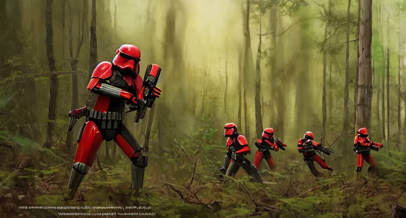 Image similar to imperial stormtroopers shooting red blaster bolts in barren lifeless forest with burned trees concept art by Doug Chiang cinematic, realistic painting, high definition,very detailed, extremely high detail, photo realistic, concept art, red color palette, the Mandalorian concept art style