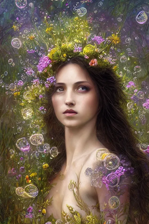 Prompt: elaborately detailed close up portrait of an extremely beautiful girl with long dark hair surrounded by flowers, an eerie mist and ethereal rainbow bubbles, Aetherpunk, high fantasy professionally painted digital art painting, fantasy matte painting movie poster, Art Nouveau, smooth, sharp focus, atmospheric lighting, highly detailed illustration highlights, backlight, golden ratio, 8K detail post-processing, symmetrical facial features, rich deep moody colors, majestic, dark epic fantasy, award winning picture, sense of awe, featured on DeviantArt, trending on cgsociety, octane render, sharp focus