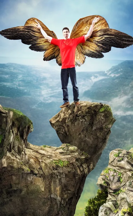 Image similar to a man standing on a cliff ready to jump with his home made wings, highly realistic