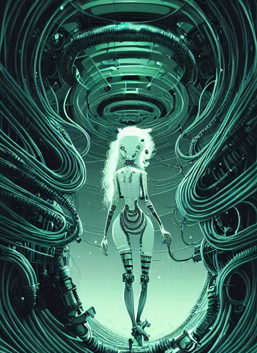 Image similar to highly detailed portrait of a biopunk long curly white hair tribal lady, stray wiring by atey ghailan, james gilleard, by joe fenton, by greg rutkowski, by greg tocchini, by kaethe butcher, 4 k resolution, gradient green, black and white color scheme!!! ( ( irradiated robotic cavern background ) )