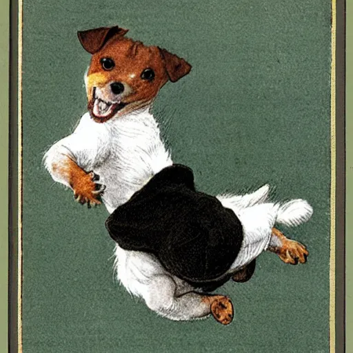 Prompt: portrait of a happy jack russel terrier jumping, closeup, illustrated by peggy fortnum and beatrix potter and sir john tenniel