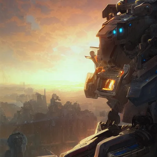 Image similar to portrait of timberwolf battlemech on fire, battle damage, sunset glow around head, full body portrait, intricate, elegant, highly detailed, digital painting, artstation, concept art, smooth, sharp focus, illustration, art by artgerm and greg rutkowski and alphonse mucha, background is a city in ruins