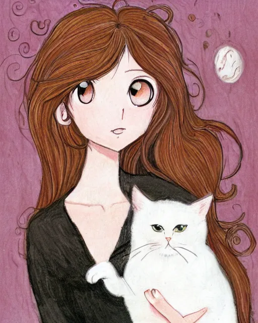 Image similar to a portrait of a young woman with very long pink hair undulating on the wind, light brown eyes, slightly chubby, pale skin, pretty, cute, holding a white cat. by naoko takeuchi