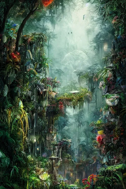 Image similar to the beauty of the jungle painted by mahmoud farshchian, mia brownell, very detailed, maximalism, ambient occlusion, volumetric light, atmospheric haze, hyper realism, cyberpunk shading, cinematic composition, realistic render, photorealistic, wide shot