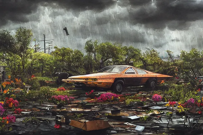 Image similar to hyperrealism, scene from thunderstorm, starship, junkyard, louisiana swamps, orange blooming flowers garden, 8 k, 8 0 s japanese sci - fi books art